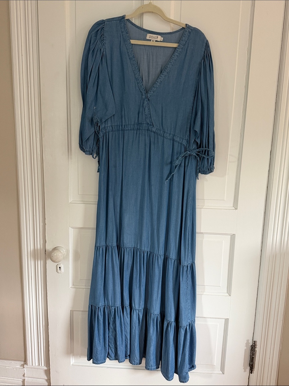 Molly Bracken Chambray Blue V-Neck Tiered Maxi Dress